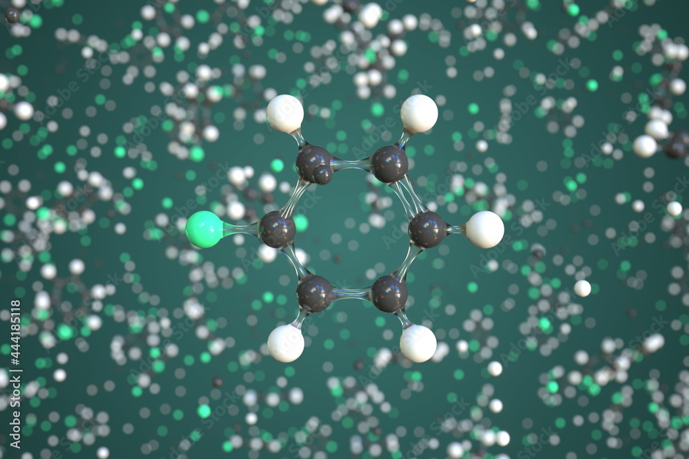 Molecule of fluorobenzene, conceptual molecular model. Scientific 3d rendering Molecule of fluorobenzene, conceptual molecular model. Scientific 3d rendering