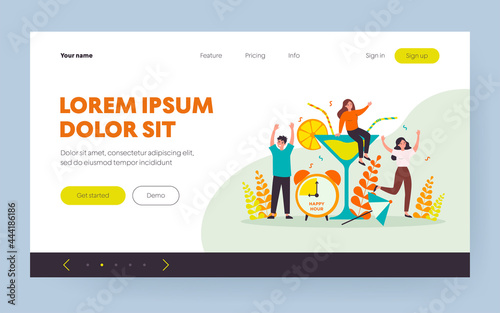 Cheerful young people enjoying party during happy hour in bar. Group of friends drinking alcohol and having fun in restaurant. Vector illustration for business promotion, entertainment concepts
