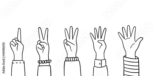 Hands showing one, two, three, four, five fingers. Doodle elements for banner, poster, card. Vector hand-drawn illustrations isolated on white background.