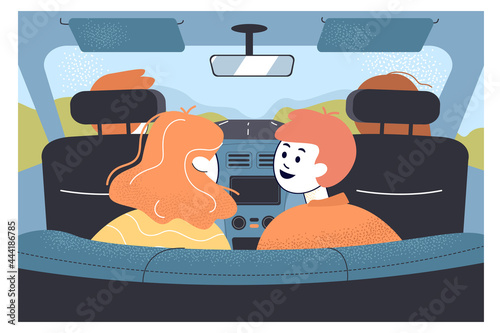 Kids riding in the back of the car during roadtrip. Boy, girl and parents going on journey, auto interior flat vector illustration. Traveling, family concept for banner, website design or landing page