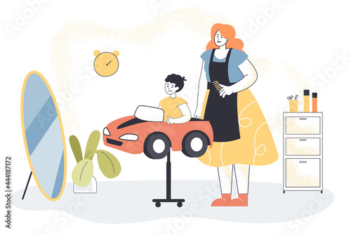 Hairdresser making haircut for little boy. Flat vector illustration. The child sitting in car-chair and getting new hairstyle at childrens barber shop. Beauty salon, childhood, style, care concept