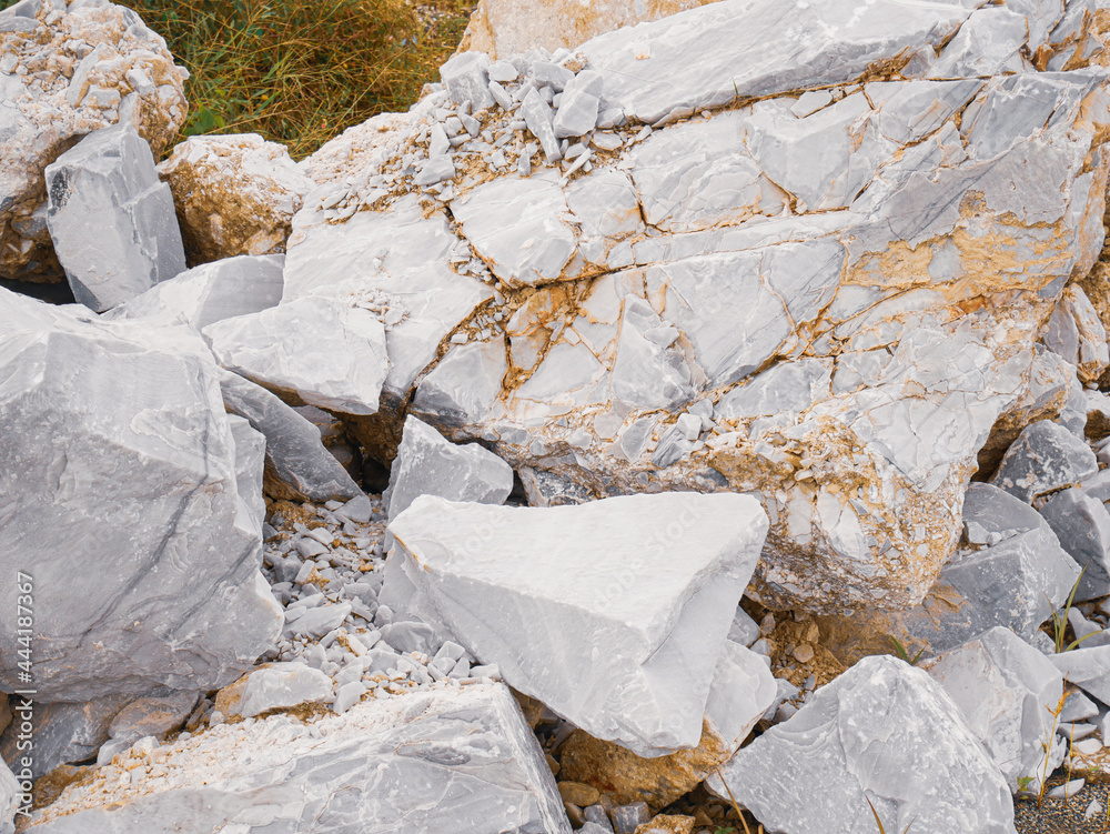 Gypsum lumps mined from a mine in Thailand are white. Stock Photo Adobe Stock