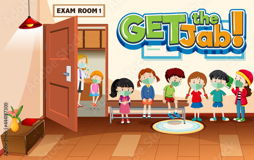 Get the Jab font banner with many kids waiting in a queue in hospital scene