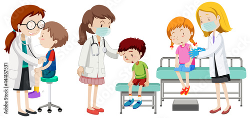 Many patient kids and doctors cartoon character on white background