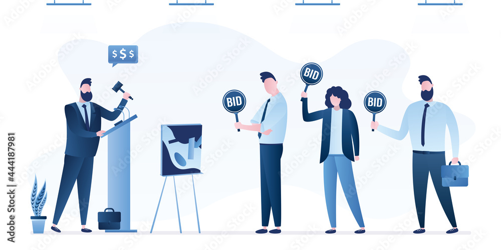Auction, concept banner. Cartoon male auctioneer uses hammer for sells works of art. Various people holds bid signs. Sale of rare art. Public event. Auction, concept banner. Cartoon male auctioneer uses hammer for sells works of art. Various people holds bid signs. Sale of rare art. Public event.