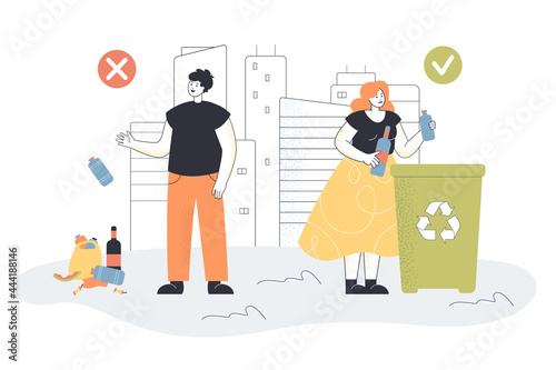 Man throwing plastic bottle on ground instead of container. Person putting garbage in bin in street, city buildings in background flat vector illustration. Environment, ecology, recycling concept