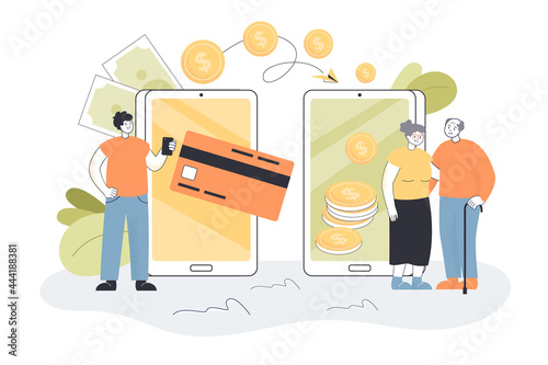 Young man sending money to elderly parents through phone. Person transferring payment from card flat vector illustration. Family, technology concept for banner, website design or landing web page