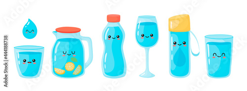 set to drink more water. Vector set of various bottles, glasses, flasks in hand drawn style, correct daily habits, morning rituals. Zero waste