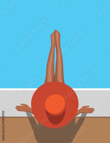  A girl in a hat on vacation uses the sun protective cream and sunbathes under the sun by the pool. Vector illustration