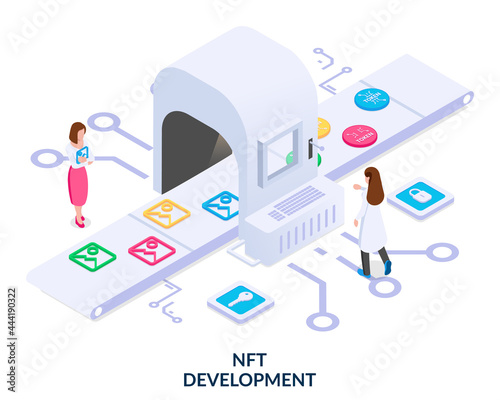 NFT development concept. People in front of the conveyor turn images into digital non-fungible tokens. Vector illustration in isometric style on white background