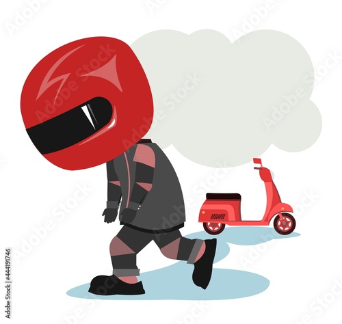 Scooter driver. Biker Cartoon. Child illustration. Walking sadly. In a sports uniform and a red helmet. Cool motorcyclist. Isolated on white background. Vector