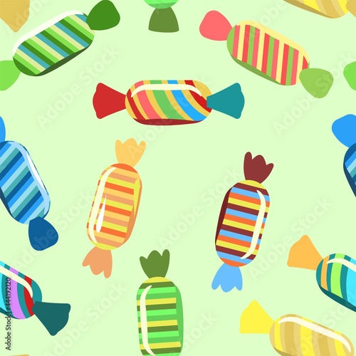 Sweets and scattered. Assorted lollipop dessert interspersed. Candy caramel wrapped. Bottom seamless pattern. Flat Background illustration. Vector