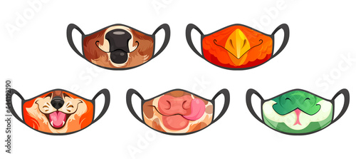Medic masks with animal muzzles, cute cartoon cow, bull and eagle or fox and snake funny faces. Protective facial equipment against coronavirus infection or allergy, creative design, Vector templates