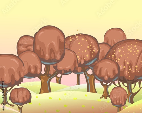 Chocolate trees landscape. Fairy tale garden. Summer fantasy scene. Perspiration. Cartoon style. Sky. Childrens dream illustration. Vector