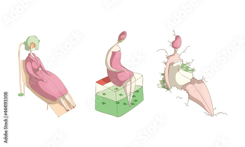 Relaxed Woman Resting Enjoying Steam Bath and Bio Therapy in Spa and Wellness Center Vector Set