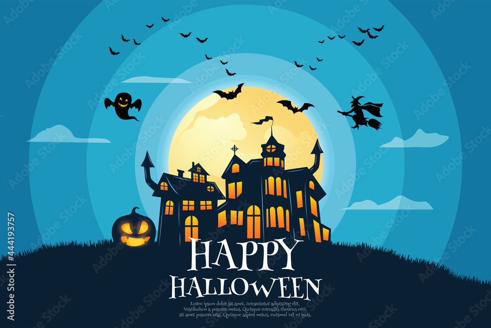 Haunted Castle with hordes of bats, witches and ghosts on full moon nights. For posters, banners, brochures, invitation cards used in the festival of Halloween. 