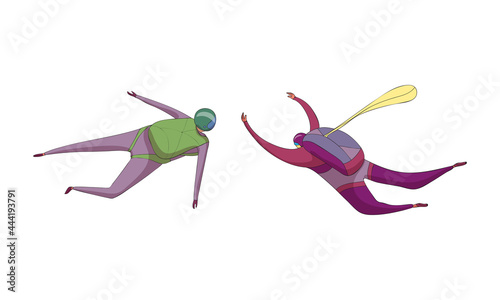 Paratroopers or Parachutist Free-falling and Descenting with Parachutes Vector Set