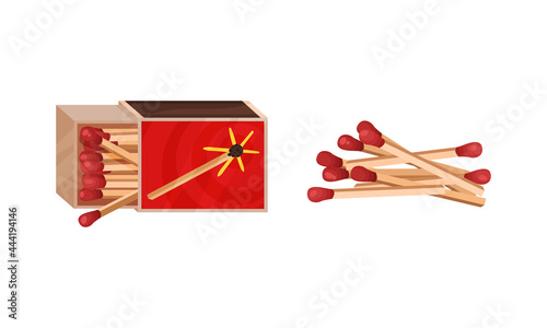Matchbox and Match as Small Wooden Stick for Starting Fire Vector Set