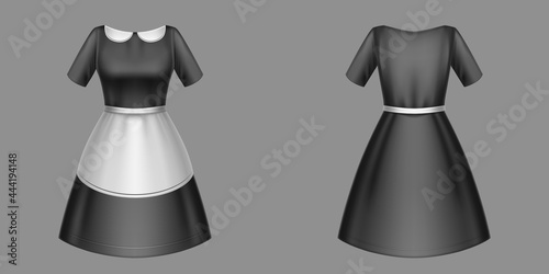 Maid uniform, black housemaid dress with white collar and apron front and rear view. Housekeeping service apparel for girls, Female cleaning service garment design, Realistic 3d vector illustration