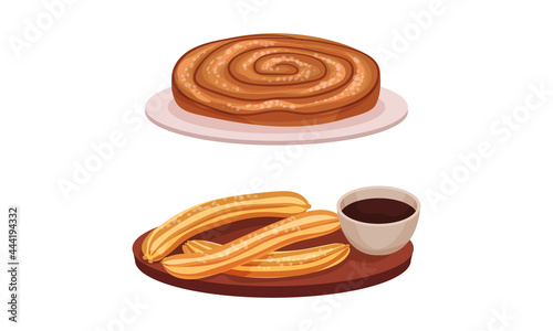 Spain Attributes with Churros Dessert and Sweet Pastry Vector Set