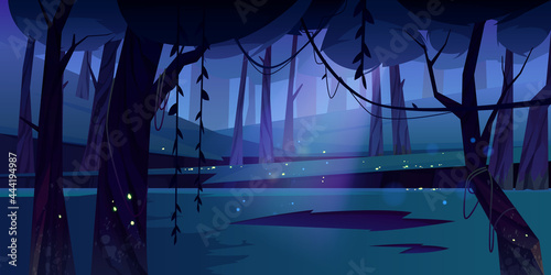 Summer forest glade with flying fireflies at night. Scene of jungle, garden or natural park in moonlight. Vector cartoon illustration of dark woods landscape with trees and lianas