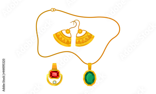 Jewellery or Jewelry Item as Personal Adornment with Earrings and Pendant Ornament Vector Set