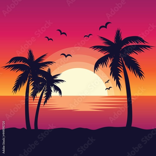 Evening on the beach with palm trees. An evening on the beach with palm trees. Colorful picture for rest.  Orange sunset in the blue sky.  Vector flat illustration © OksanaValion