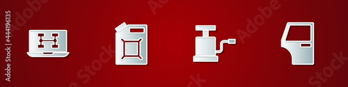 Set Diagnostics condition of car, Canister for gasoline, Car air pump and door icon. Vector