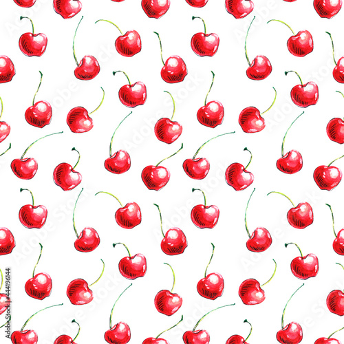 Seamless pattern of watercolor single Cherries on the white background. Hand drawn bright texture, images of berry in sketch style