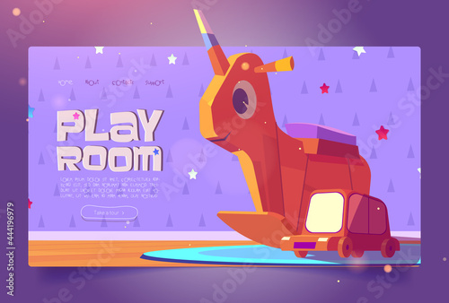 Play room cartoon landing page with kids wooden toys rocking unicorn and car on cute baby wallpaper background. Invitation to child area, kindergarten, nursery day care center, vector web banner