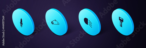 Set Isometric Car key with remote, High beam, Timing belt kit and spark plug icon. Vector