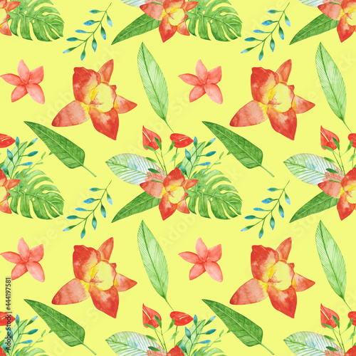 Watercolor bouquet of exotic flowers seamless pattern on a yellow background. Orchid, strelitzia, monstera, and other flowers on an endless print. Hand-drawn tropical floral illustration.