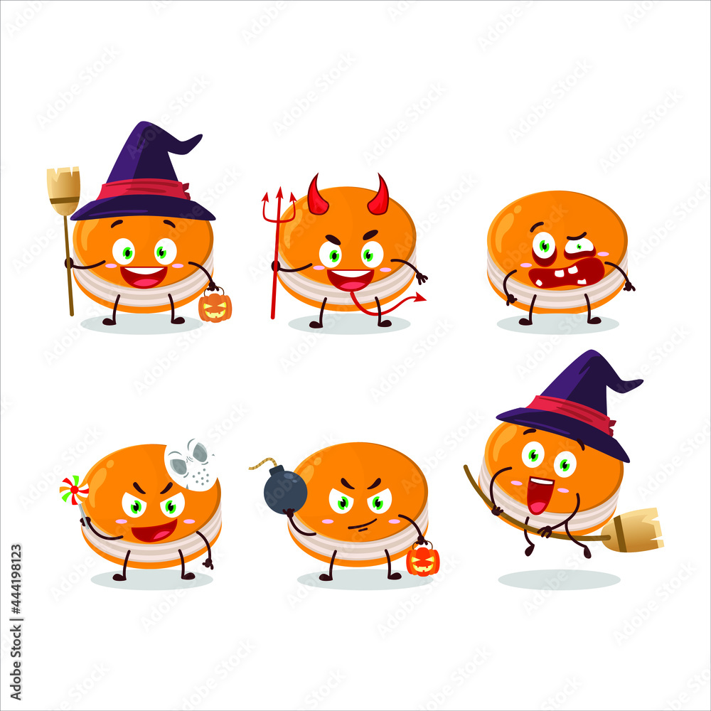 Halloween expression emoticons with cartoon character of orange dorayaki. Vector illustration Halloween expression emoticons with cartoon character of orange dorayaki. Vector illustration