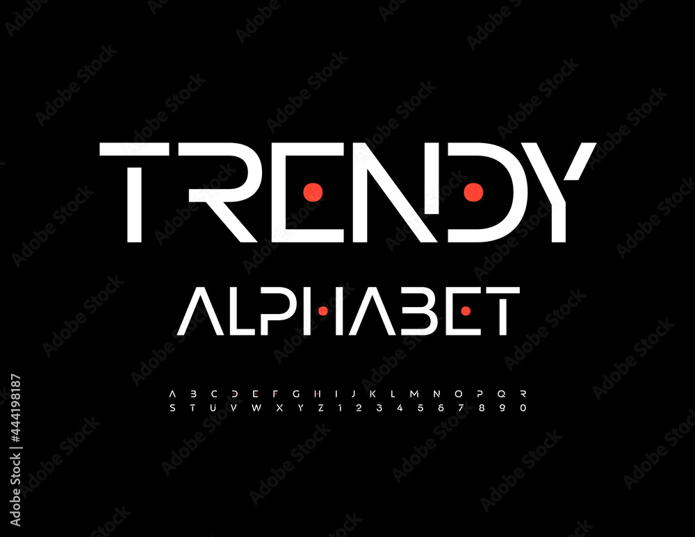 Vector Trendy Alphabet. Modern White Font. Cosmic style Letters and Numbers set