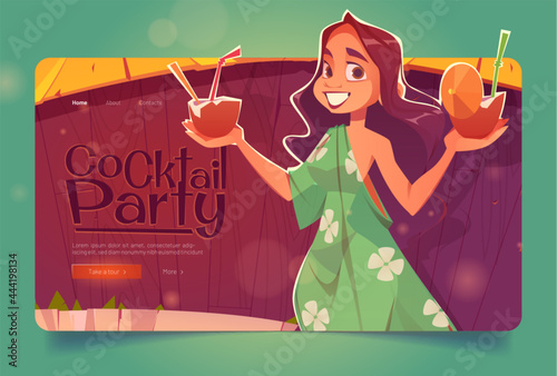 Cocktail party cartoon landing page. Smiling woman wearing summer dress holding coconut drinks stand on wooden hut bar background, exotic hawaiian resort, beach bar recreation promo, vector web banner