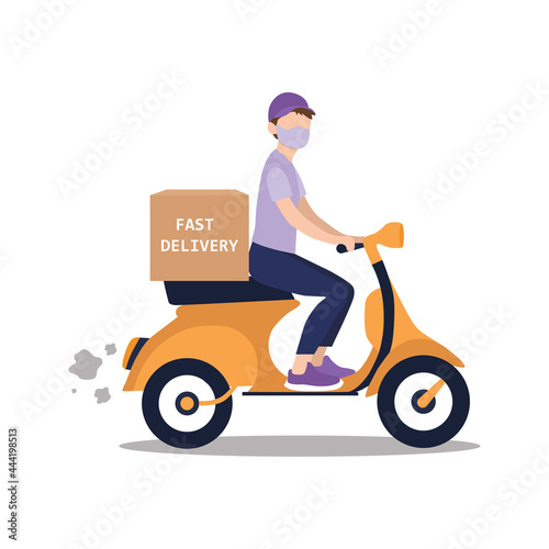Delivery man riding an orange scooter illustration. Food delivery man vector