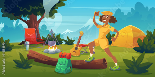 Woman in summer camp with bonfire, tent, backpack, chair and guitar. Vector cartoon landscape with mountain, forest and campsite with equipment for travel, hiking and activity vacation