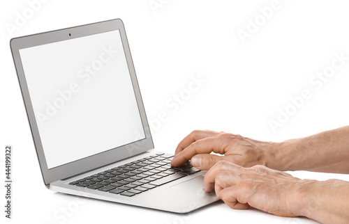 Man using laptop on white background