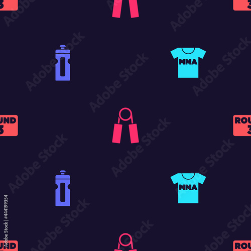 Set T-shirt with fight club MMA, Fitness shaker, Sport expander and Boxing ring board on seamless pattern. Vector