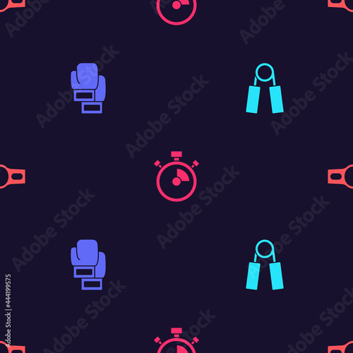 Set Sport expander, Boxing glove, Stopwatch and belt on seamless pattern. Vector
