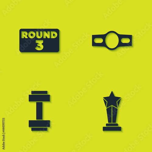 Set Boxing ring board, Award cup, Dumbbell and belt icon. Vector