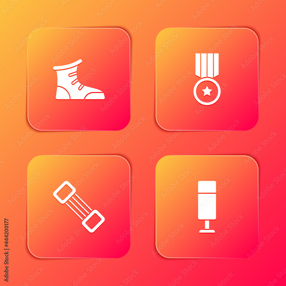 Set Sport boxing shoes, Medal, Chest expander and Punching bag icon. Vector Set Sport boxing shoes, Medal, Chest expander and Punching bag icon. Vector
