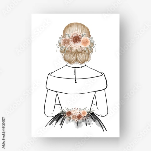hand drawn Bride with beautiful hairstyle flower watercolor illustration