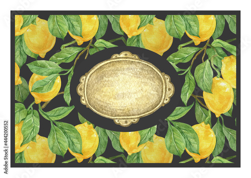 Isolated watercolor element. Composition of a pattern with lemons and a label. The print is used for packaging design, fabric.