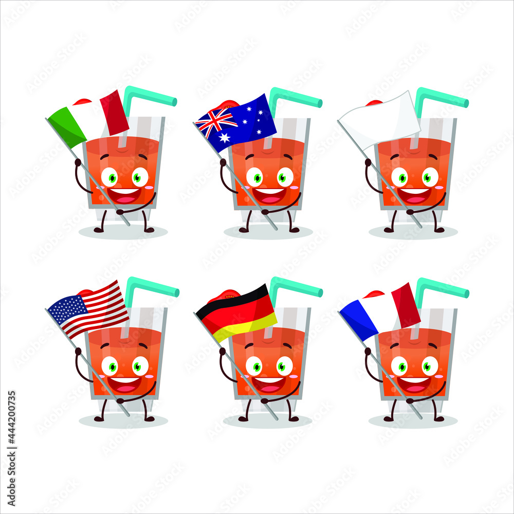 Tomato juice cartoon character bring the flags of various countries. Vector illustration