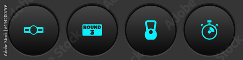 Set Boxing belt, ring board, Kettlebell and Stopwatch icon. Vector