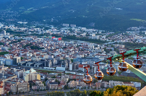 Grenoble aerial city view and the famous spherical cable car,  France