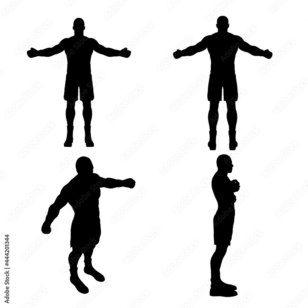 Set with silhouettes of boxer in different positions isolated on white background. Vector illustration