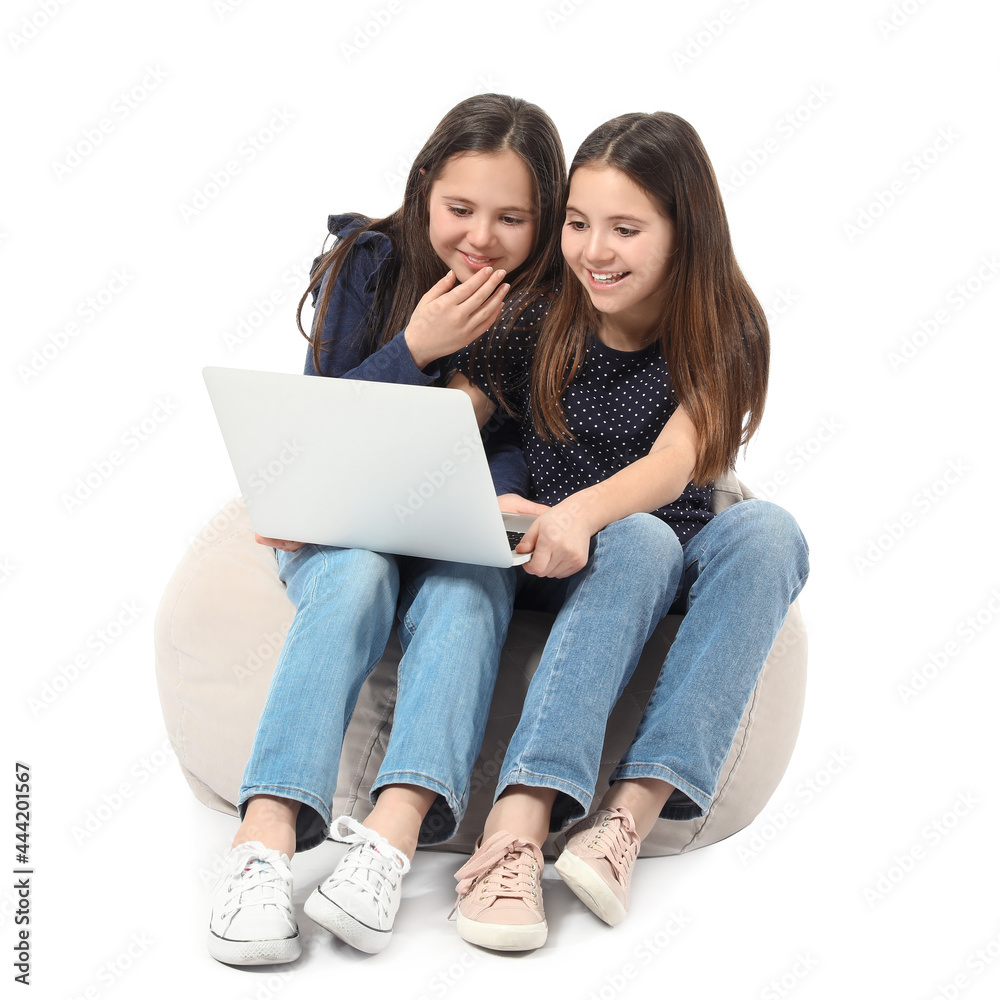 Cute twin girls using laptop on white background Cute twin girls using laptop on white background