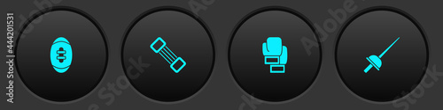 Set American Football ball, Chest expander, Boxing glove and Fencing icon. Vector